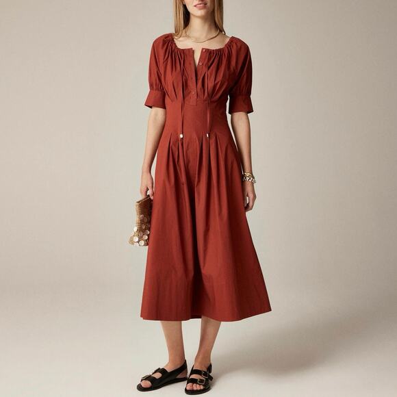 NWT J.Crew Cinched-Waist Pintuck Shirt Dress Brilliant Mahogany Size 4 Petite - Picture 1 of 12